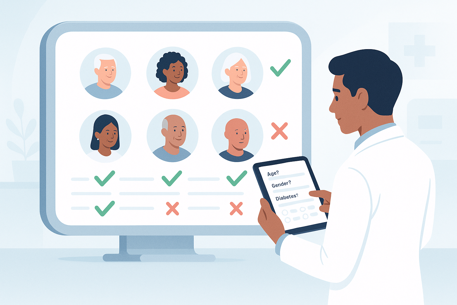 Researcher using digital pre-screener with patients matched to trials on dashboard showing green checks.